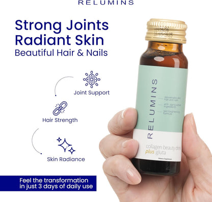 Relumins Advanced Collagen Beauty Drink with Glutathione, Hyaluronic Acid & Antioxidants - Post-Summer Skin Recovery & Shots for Radiant Skin, Hair & Nails - Apple Flavor - 20 Bottles x 50mL