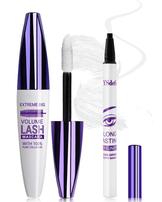 White Mascara Liquid Eyeliner Set, Update Longlasting Waterproof Color Eye Liner Pen, 5D Silk Fiber Colored Mascara Volume and Length, Halloween Party Stage Use Eye Makeup Gift Kit for Women Girl-03