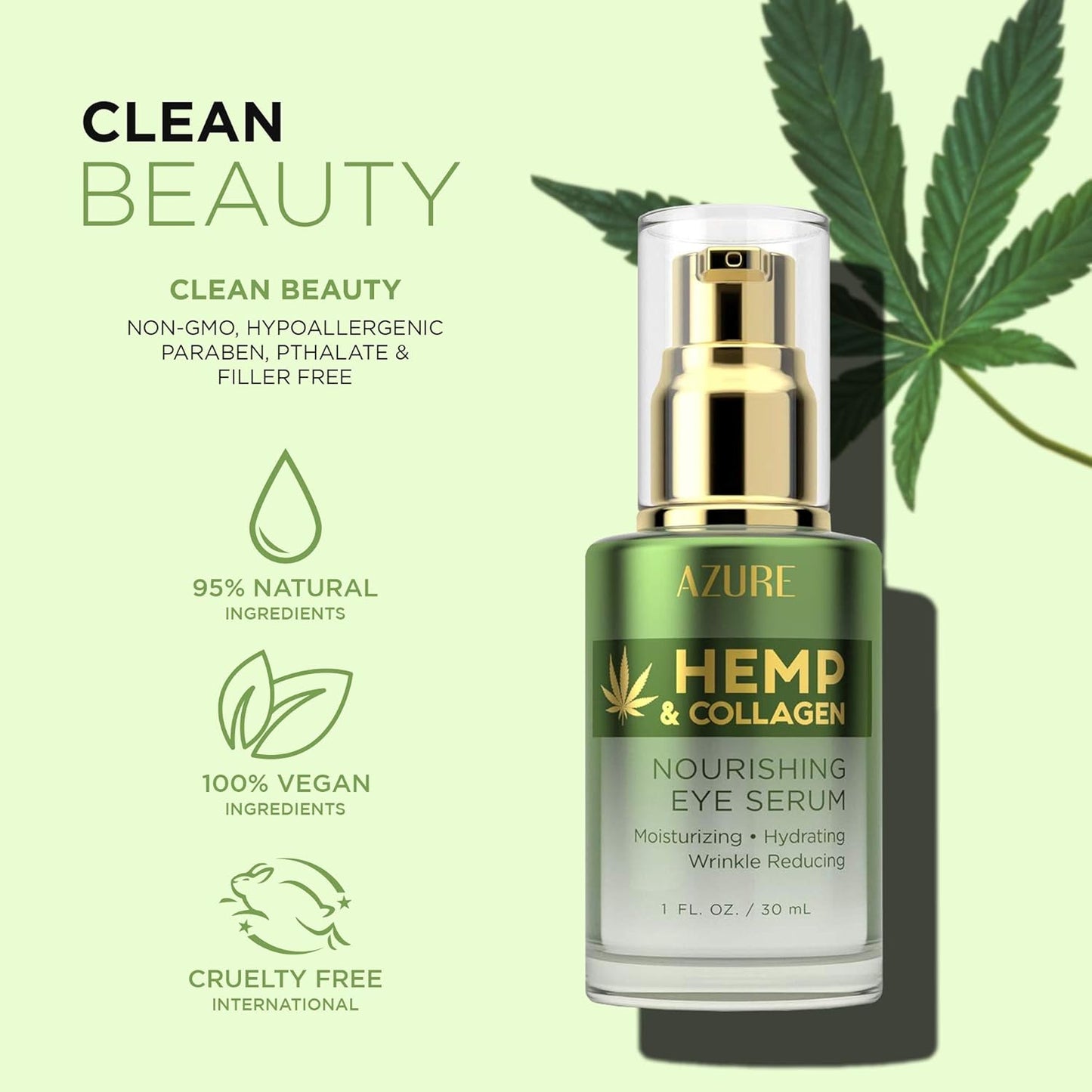 AZURE Hemp & Collagen Nourishing Eye Serum - Moisturizing, Firming & Toning | Reduces Wrinkles, Fine Lines & Under Eye Bags | Restores Tired, Dehydrated Skin | Made in Korea - 30mL / 1 fl.oz.