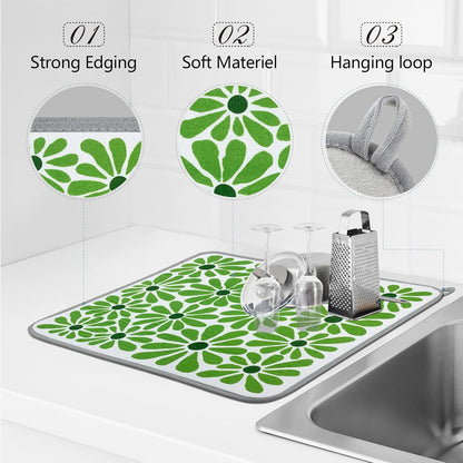 SHIYUE Dish Drying Mat for Kitchen Counter Super Absorbent Spring Kitchen Decor Microfiber Drying Matainers Rack Fast Pad Dish Drainer Mats(Cute Green Flower,18''x24'')