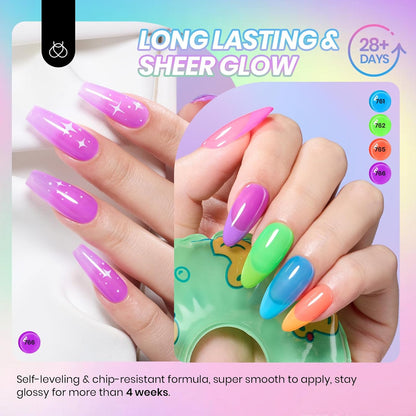 Beetles Neon Gel Nail Polish Set, 6 Colors Summer Jelly Gel Polish Kit Sheer Hot Pink Green Orange Purple Blue Yellow Translucent Effect Soak Off UV French Nail Art Manicure Gift for Women