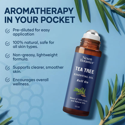 Tea Tree Oil Roll-On 10 ml - 100% Pure, Natural Essential Oil for Aromatherapy, Skin, Face & Body - Pre-Diluted for Travel - Nexon Botanics