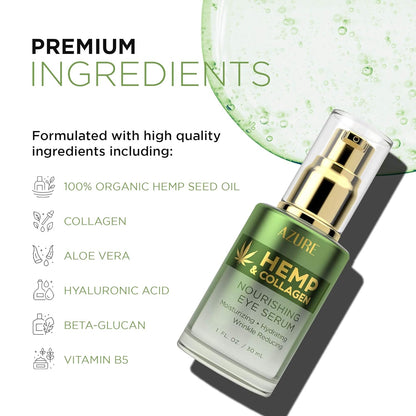 AZURE Hemp & Collagen Nourishing Eye Serum - Moisturizing, Firming & Toning | Reduces Wrinkles, Fine Lines & Under Eye Bags | Restores Tired, Dehydrated Skin | Made in Korea - 30mL / 1 fl.oz.