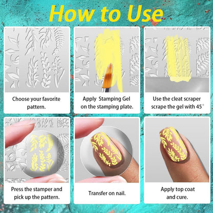 3Pcs Butterfly Nail Stamping Plate Set Floral Ginkgo Maple Leaves Stainless Steel Nail Stamp Templates Clear Silicone Nails Stamping with Stamper Scraper for Manicure Printing