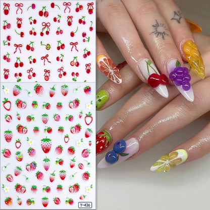 6Sheets Summer Fruit Nail Art Stickers 3D Self -Adhesive Cherry Strawberry Lemon Nail Decals Holographic Cute Peach Watermelon Nail Stickers Fruit Nail Decals Decoration for Women Manicure Supplies