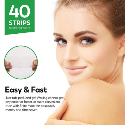 ShineMore Facial Wax Strips for hair removal - Hypoallergenic for All Skin Types - - Gentle and Fast-Working for Face, Eyebrow, Upper Lip, and Chin (40 Women Wax Strips + 4 Calming Oil Wipes NATURE NATION Ingredients )
