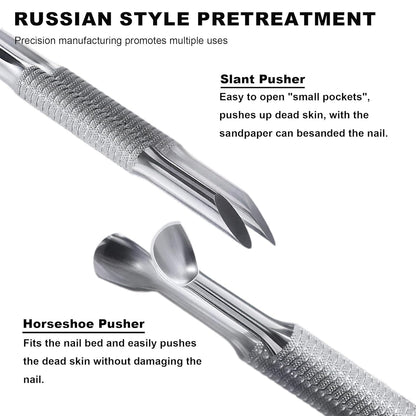 Pre-treatment Cuticle Pusher, Russian Prep Nail Pushers, Dual Ended Cuticle Remover with 100/180 Grit Sandpaper Sheets, Nail Care for Manicure Pedicure Nail Art