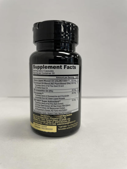 FREZZOR Omega 3 Black Green Lipped Mussel Oil, 53x Higher Potency for Superior Joint Comfort & Mobility, No Fishy Aftertaste, 1 Bottle, 60 Softgels Plus 1 Pouch of Flaky Sea Salt