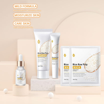 Rice Skin Care Sets For Women, 5/6Pcs Skin Care Kit, Moisturizing Skin Care Gift Set , Face Care Kit Inclusde Rice Mask, Cleanser, Toner, Lotion, Eyecream, Face Serum (5pcs Rice Raw Pulp)