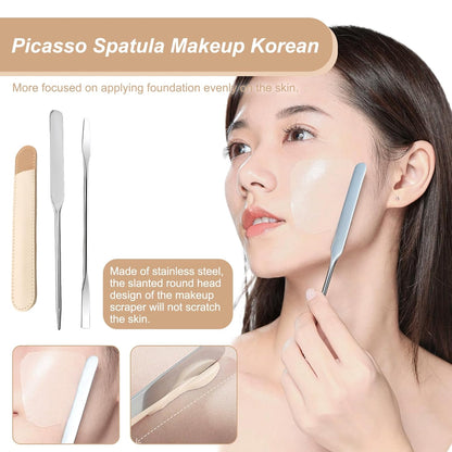 2 PCS Makeup Spatula Set, Acrylic Makeup Mixing Palette, Stainless Steel Foundation Spatula, Reusable for Mixing Eyeshadow/Lipstick/Nail Art/Foundation (with Foundation Spatula, Powder Puff)