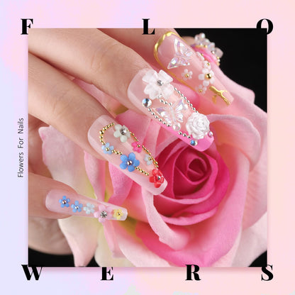 3D Flowers Manicure Gems with Nail Rhinestone Glue Gel, Colorful Acrylic Flower Nail Charms with Caviar Beads, Rhinestones and Gem Glue for Nails (UV/LED Needed) with Pickup & Dotting Tools