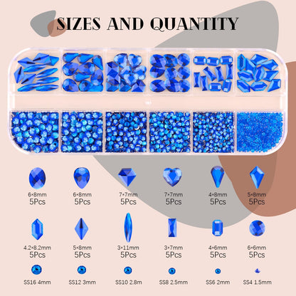 2060Pcs Royal Blue Glass Nail Rhinestones 60Pcs Multi Shapes Flatback Nail Gems + 2000Pcs 1.5-4mm Round Crystal, Manicure Nail Charms Diamond Gemstones for Acrylic Nails Decoration