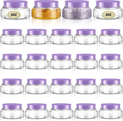 Tessco 24 Pack Plastic Jars with Lids Labels Empty Clear Plastic Jars Round Refillable Cosmetic Containers Body Butter Containers Bulk Sugar Scrub Bottle for Make Up(5 oz,Clear, Purple)