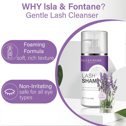 ISLA & FONTANE Lash Shampoo Bulk – Multi-Scent Series – 17 fl oz / 500ml | Gentle Eyelash Cleanser for Lash Extensions | Non-Irritating | Professional Lash Bath Foam For Salon And Home Use (Lavender)