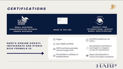 HARP pH-Balanced (5.0-6.0) Exfoliating Body Wash Bar - FRAGRANCE FREE. Bamboo Powder Exfoliation -the perfect consistency. Soap/Lye/Preservative/Dye/Masking agent-Free. Non-comedogenic.