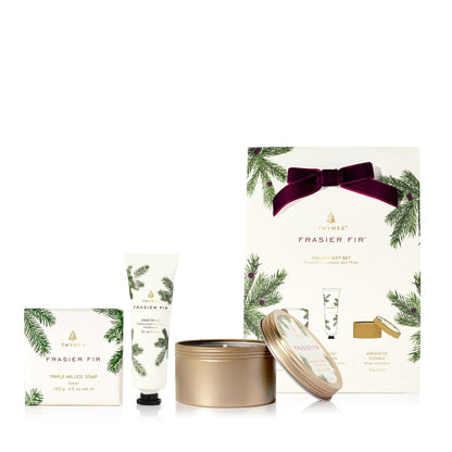 Thymes Frasier Fir Hand Cream, Travel Tin Candle Jar and Bar Soap Gift Set - Scented with Notes of Siberian Fir, Cedarwood, and Sandalwood - Luxury Home Fragrance Set - Hostess Gift for the Holidays