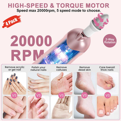 4 Pack 9-in-1 Nail Grinder Kit Salon-Quality Nails with 100 Bits, Cordless Nail File, 5 Adjustable Speeds,Pink