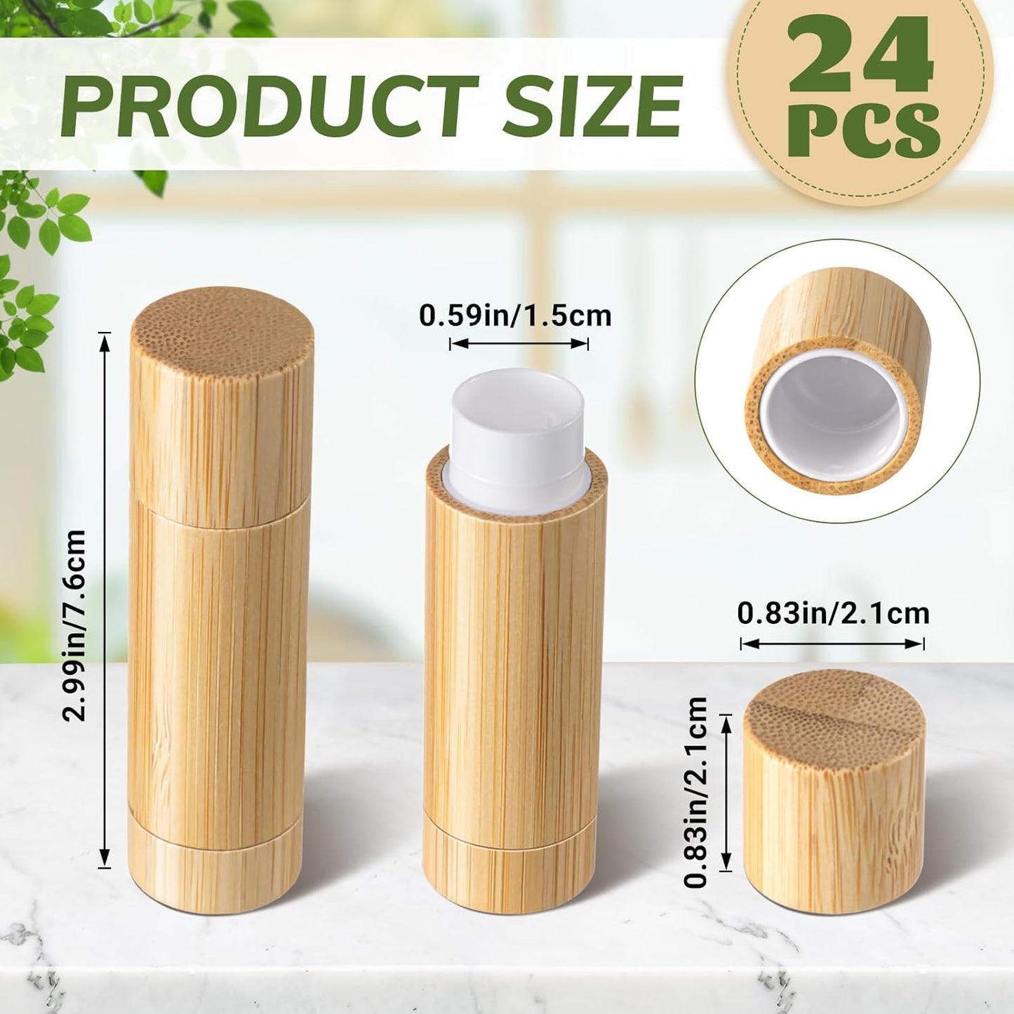 Leinuosen 24 Pcs Bamboo Empty Lipstick Tubes, Refillable 5g Lip Balm Containers with Rotable Plastic Inner for Women Girl DIY Cosmetic Lip Gloss Tubes for Lipstick, Deodorant, Solid Perfume, Makeup