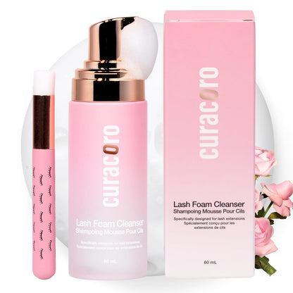 CURACORO 60ML Eyelash Extension Cleanser (Rose Scented) - Lash Shampoo for Lash Extensions, Eyelash Extension Foam Cleanser for Sensitive Skin, Removes Waterproof Makeup for Professional & Home Use