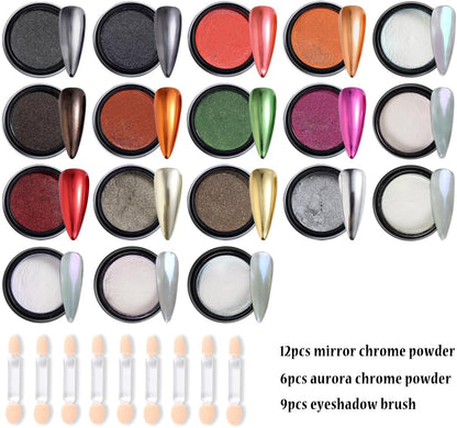 Chrome Nail Glitter Powder Set, 18 Colors Silver Black Red Green Metallic Effect Mirror Powder for Nails with Brushes, Pearl White Chrome Powder for Nails, Glazed Donut Nail Art, Manicure Supplies