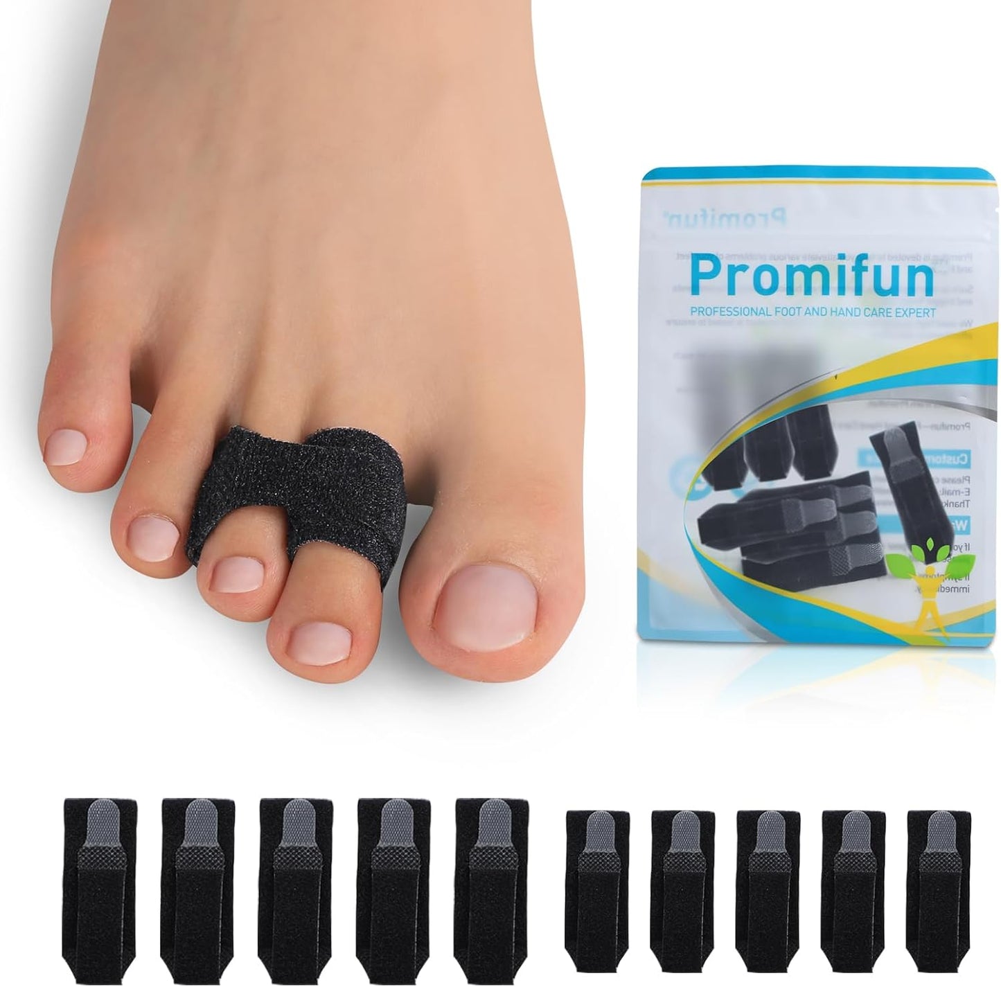 10 Pack Hammer Toe Corrector Toe Splint for Broken Toes,Brace Orthopedic Separator, Cushioned Bandages, Heal Wrap Toe Straighteners for Crooked Toes (Black 5L+5S）