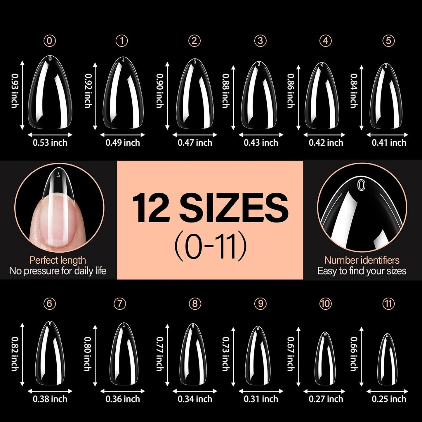 AILLSA Almond Nail Tips 504pcs Clear Nails Tips Gel Full Cover Nails Tip Medium Almond Shaped Fake Soft Nails for Press on Nail Extensions Home DIY Nails Salon- X (12 Sizes)