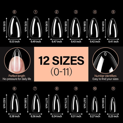 AILLSA Almond Nail Tips 504pcs Clear Nails Tips Gel Full Cover Nails Tip Medium Almond Shaped Fake Soft Nails for Press on Nail Extensions Home DIY Nails Salon- X (12 Sizes)