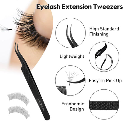 Ms.Queen Eyelash Extension Tweezers,Microfiber Tip Curved Lash Tweezers for Volume, Isolation& Classic Lashes Extensions,Black
