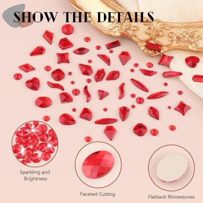 1680Pcs Red Glass Nail Rhinestones 180Pcs Multi Shapes Flatback Nail Gems + 1500Pcs 1.5-4mm Round Crystal, Manicure Nail Charms Diamond Gemstones for Acrylic Nails Decoration