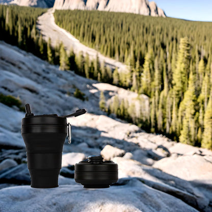 Silicone Coffee Cup with Straw lid Collapsible Cups for Traveling 20oz Lightweight Folding Water Mug for Picnic Hicking Camping Climbing (Black)