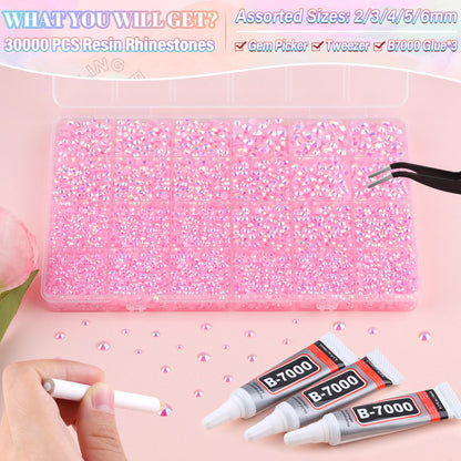 30000Pcs Resin Light Pink AB Rhinestones for Bedazzling Crafting with b7000 Jewelry Glue, Bulk Flatback Gems Bedazzler Kit for Crafts Clothes Shoes Fabric Nail Diamond Art, Assorted Size 2/3/4/5/6mm