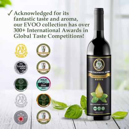 M.G. PAPPAS High Polyphenol Rich Basil Infused Olive Oil - Extra Virgin Olive Oil Polyphenol Lab Report 650mg/kg - Cold Pressed & Unfiltered - High Hydroxytyrosol Greek Olive Oil - Award Winning