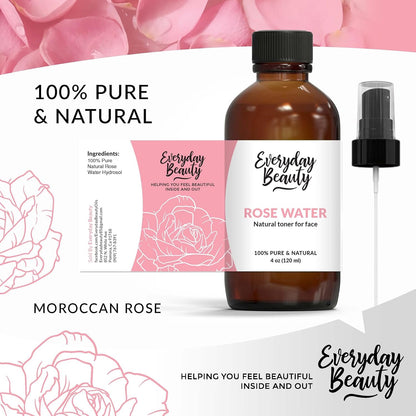 Rose Water Facial Toner - Alcohol-Free Vegan All Natural Refreshing Spray Mist for Face and Hair - Uplifts, Calming & Soothing for All Skin Types 4oz with Fine Mist Cap