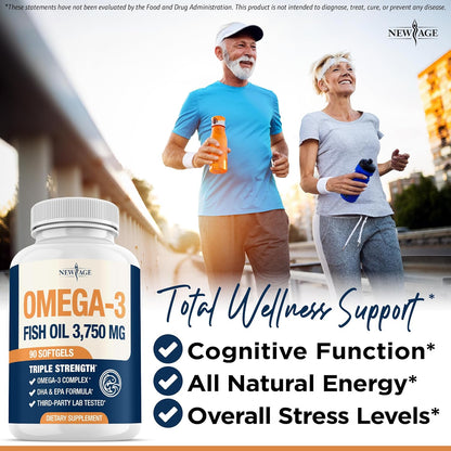 Triple Strength Omega 3 Fish Oil 3750 mg - EPA & DHA - Over 3000mg Omega-3 Fatty Acids - 1350mg EPA + 900mg DHA - Best Essential Fatty Acids, Burpless Fish Oil - 90 Count
