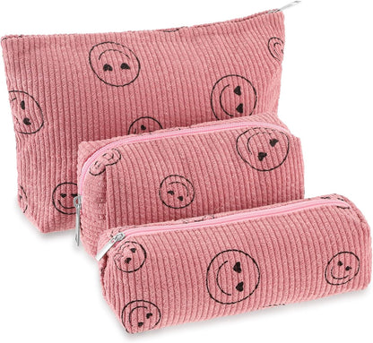 3 Pcs Makeup Bag Set for Women Corduroy Cosmetic Pouch Aesthetic Smile Travel Toiletry Bag Cute Purse Pouch Pencil Case Makeup Brushes Storage Organizer for Christmas(Pink,Smile Face)