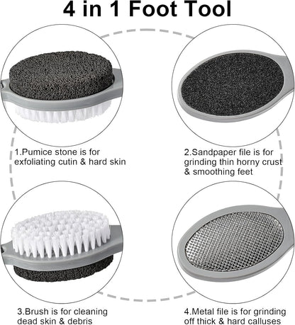 Pumice Stone Brush for Feet 4 in 1, Foot File Callus Remover, Foot Rasp and Sand Paper Pedicure Tools with Handle, Shower Foot Scrubber, Soft Smooth Feet for Home Foot Care,2 Pack