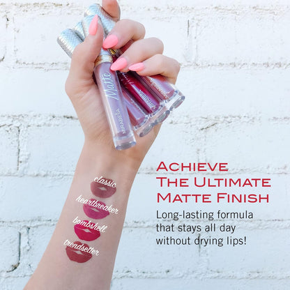 Mirabella Luxe Advanced Formula Matte Lip Gloss, Richly Pigmented Long-Wear and Full-Coverage Liquid Lipstick, Matte Lipstick for Women Stays Put and Won't Dry or Crack Lips, Bombshell