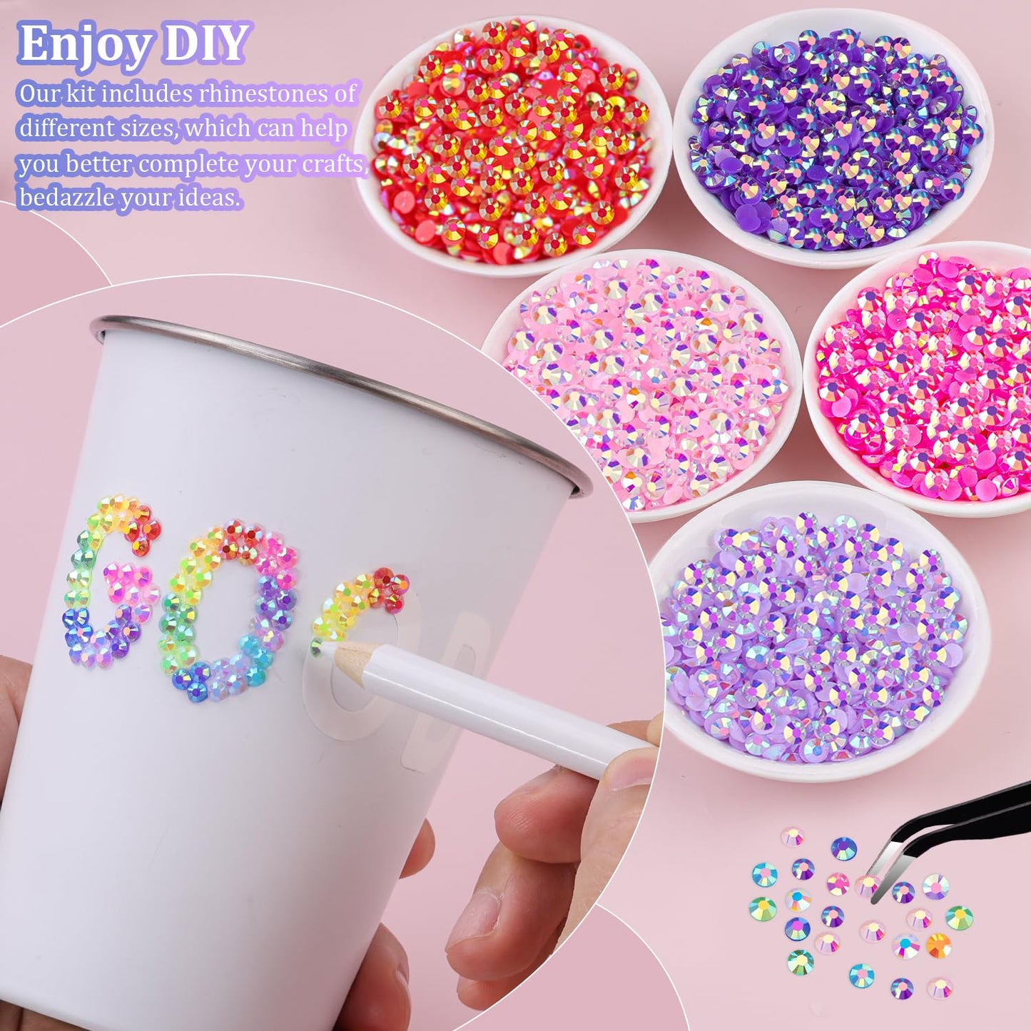 8500Pcs Resin Rhinestones with Tweezers for Crafting, Mixed-Color 5mm Bedazzling Crystal with 1Pcs 10ml B7000 Jewelry Glue for DIY Crafts Clothing Tumblers Shoes Fabric Nail Art