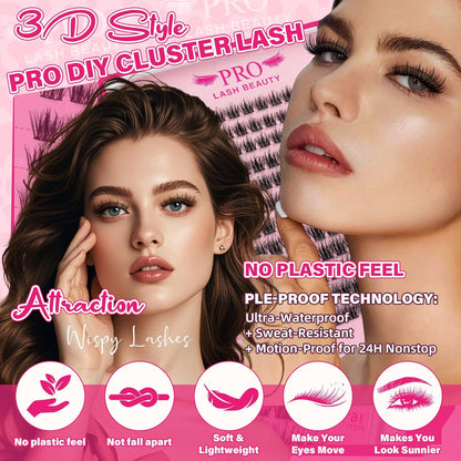 PROLASHBEAUTY Lash Clusters Kit 3D Volume Plushy Eyelash Clusters Kit Ultra Thin Band Soft Clusters Lashes Kit with Waterproof Lash Bond and Seal Remover (Attraction-3D, 8-16mix)