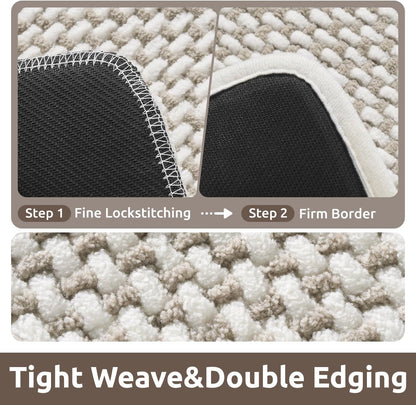 AMOAMI Chenille Bath Mat Super Absorbent Bathroom Mat Quick Dry Low Pile Bath Mats for Bathroom Washable Rubber Backed Bathroom Runners Fit Under Door, Front of Bathtub, Sink, Beige&White 17"x59"