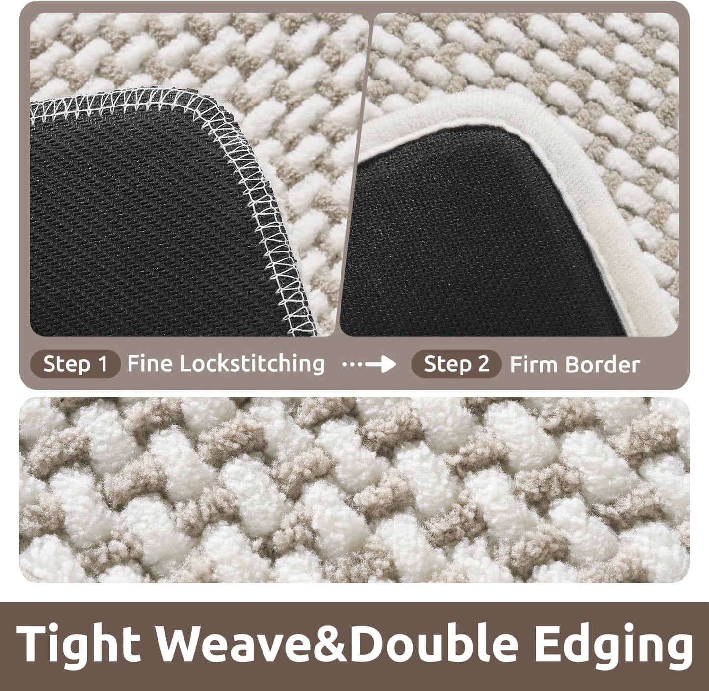 AMOAMI Chenille Bath Mat Super Absorbent Bathroom Mat Quick Dry Bath Mats for Bathroom Rubber Backed Bathroom Rugs Non Slip Washable Fit Under Door, Front of Bathtub, Sink, Beige&White 20"x32"