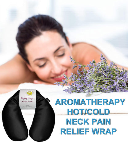 Microwavable Herbal Neck Wrap - Hot Cold Aromatherapy Neck Warming Pillow - Heating Pad for Migraines, Stress, Gifts for Women, Birthdays, Christmas and Free Sleep Mask - Onyx Satin