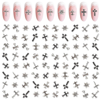 Artdone Nail Art Studs Kit, 3D Silver Cross Nail Charms and Star Gems Bulk Nail Jewels Shiny Crosses for DIY Professional Manicures Decoration