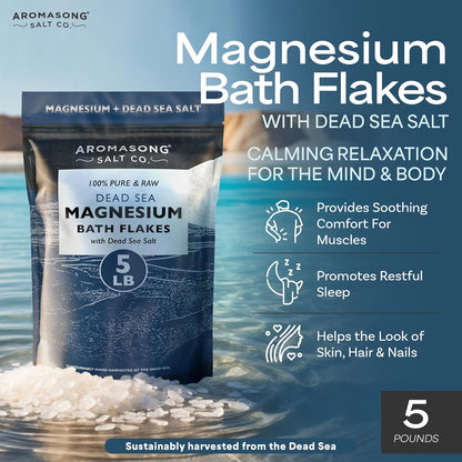 Aromasong Raw Magnesium Flakes for Bath + Dead Sea Salt for Soaking - 5 Lb Resealable Pack Magnesium Chloride Flakes - Organic Bath Salt Relaxing Mineral Soak (Packaging May Vary)