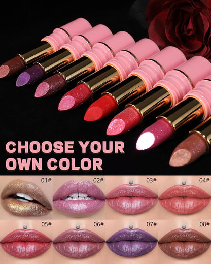 Glitter Metallic Shimmer Lipstick Long Lasting,Glitter Diamond Shine Red Color Matte Lipstick Transfer Proof Non-Stick Lip Gloss Shimmer Highly Pigmented Full Coverage Lip Makeup for Women-06