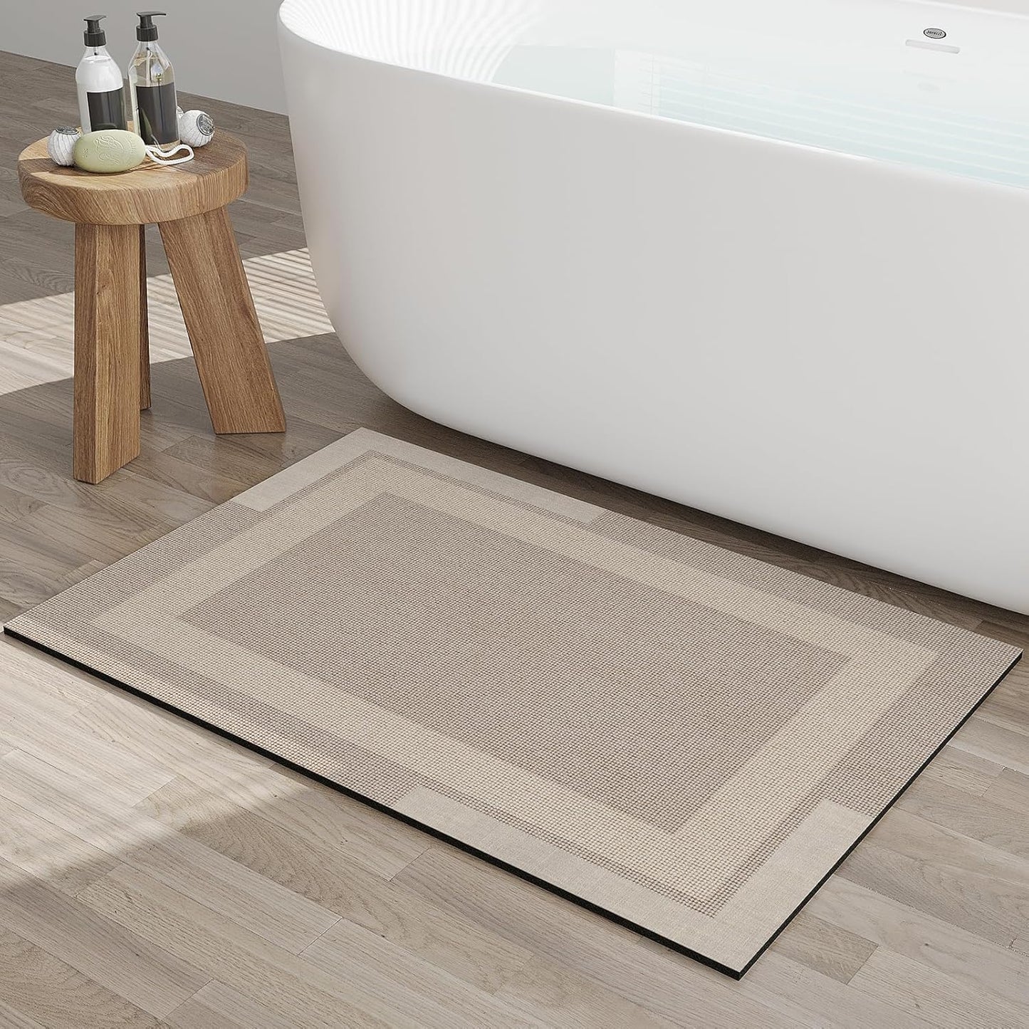 Non Slip Bath Mat, Rubber Backing Ultra Thin Bathroom Rugs Fit Under Door Quick Dry Super Absorbent Washable Bath Rug Shower Mat for Bathroom Floor Bathtub Shower Sink, Easy Care Beige 20"x 32"