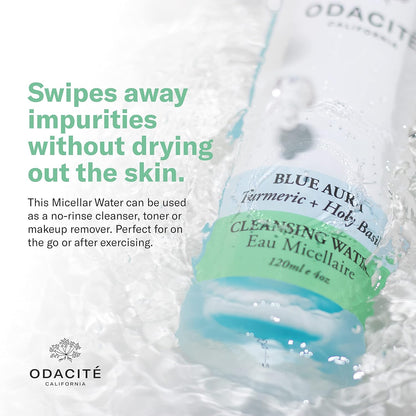 ODACITE Odacité Facial Cleanser with Foam - Blue Aura Cleansing Water Facial Wash with Neem, Holy Basil & Turmeric - No-Rinse Micellar Water Removes Pollution, Impurities & Makeup, 4.0 fl. Oz