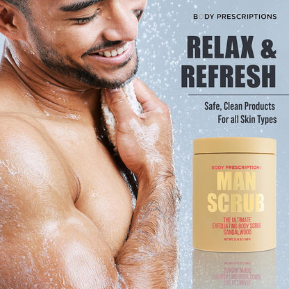 Body Prescriptions Men’s Exfoliating Body Scrub – Ultimate Skin Cleansing Wash in Jar with Twist-Top Lid, For All Skin Types, 21 Ounce (Pack of 1), Sandalwood