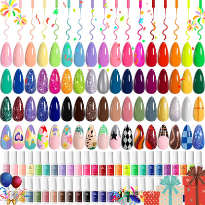 Beetles Gel Polish Liner Nail Art Set, 50 Colors Spring Summer Reflective Glitter Pink Red Blue Green Silver Gel Polish Soak Off UV Built Thin Brush in Bottle Nail Design Polish Rainbow Nails