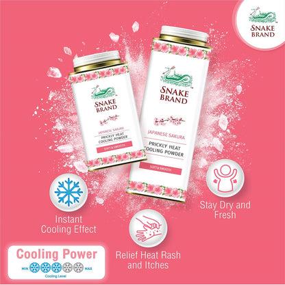 Snake Brand Prickly Heat Cooling Powder for Everyday Use - Anti-Chafing, Heat Rash Relief, Soft Sakura Scent (9.9 Oz / 280g)